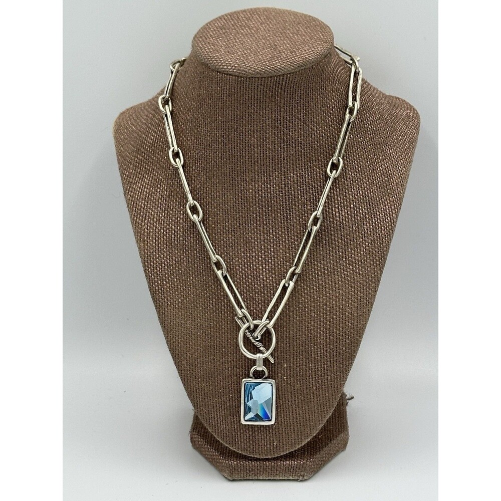 Paperclip Chain Necklace T-Clasp Rectangle Blue Chunky Crystal Pendant 18” Edgy